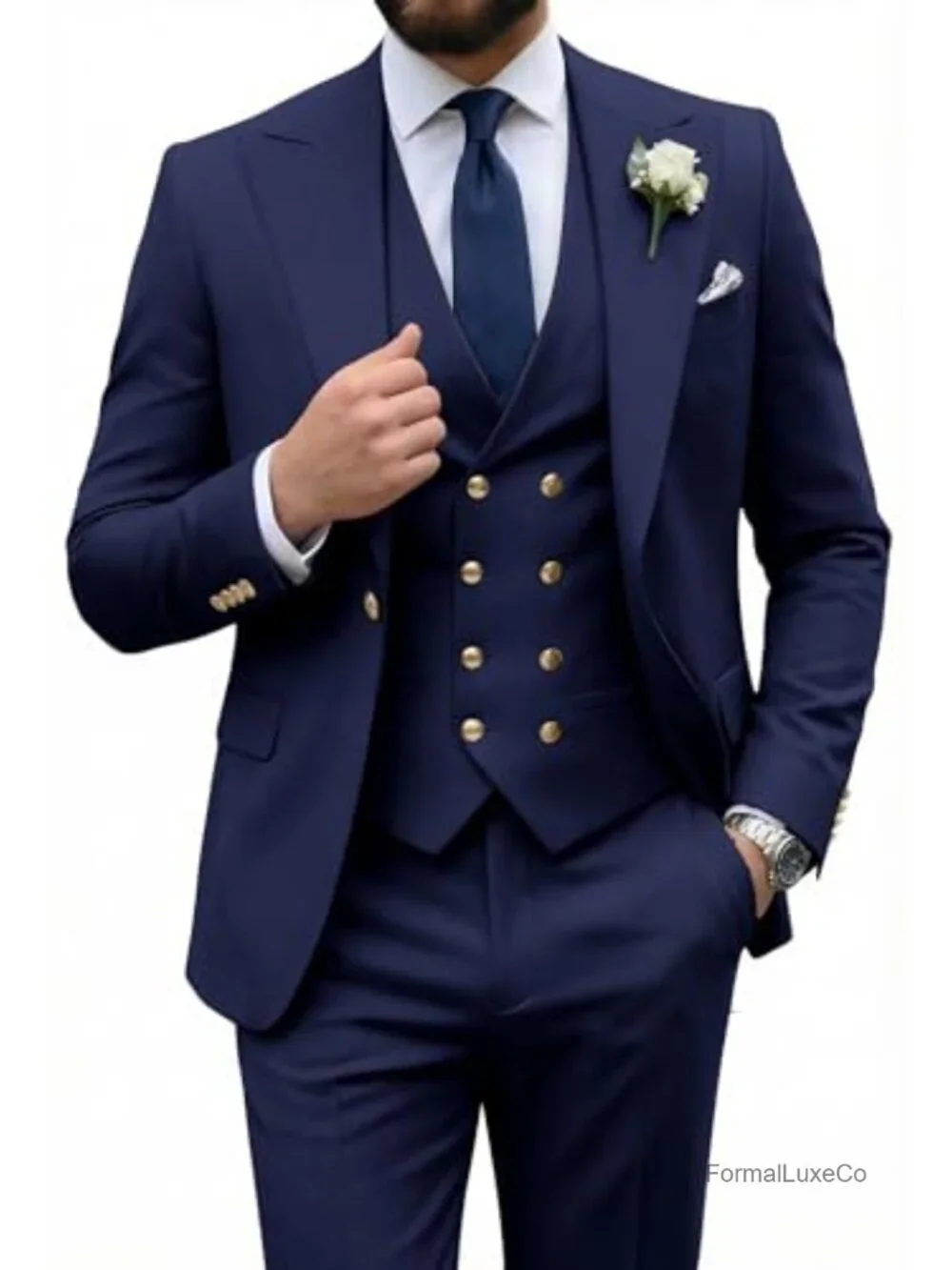 Mens Double Breasted Tuxedo Suit 3 Piece Wedding Groomsmen Metal Buttons